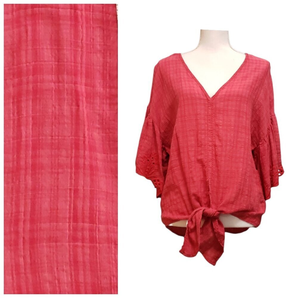 MAX STUDIO Women's Red Eyelet Sleeve Tie-Front Blouse Size L